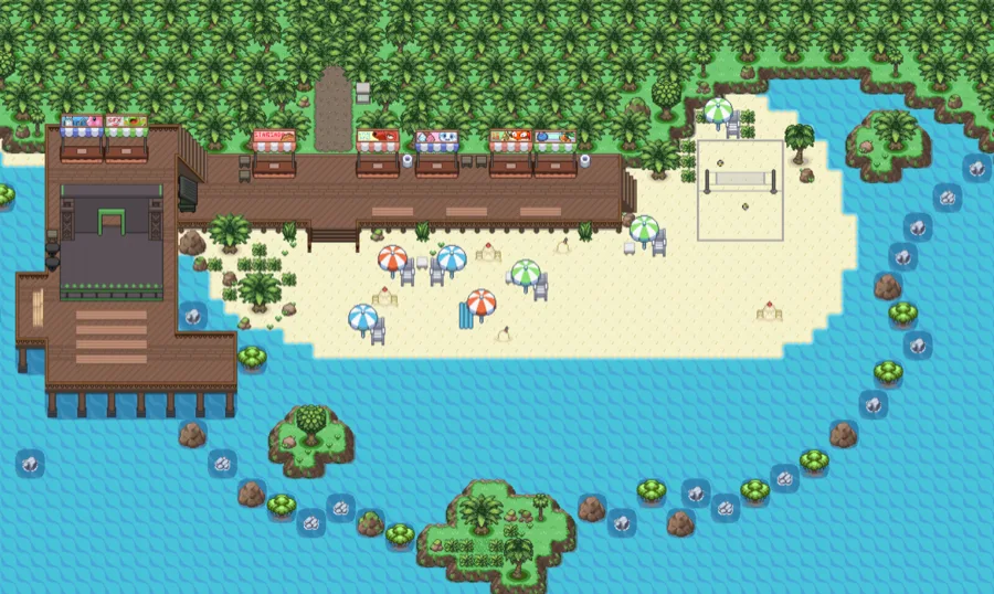 Terajuma Beach in Pokemon Rejuvenation — part of the tropical Terajuma arc
